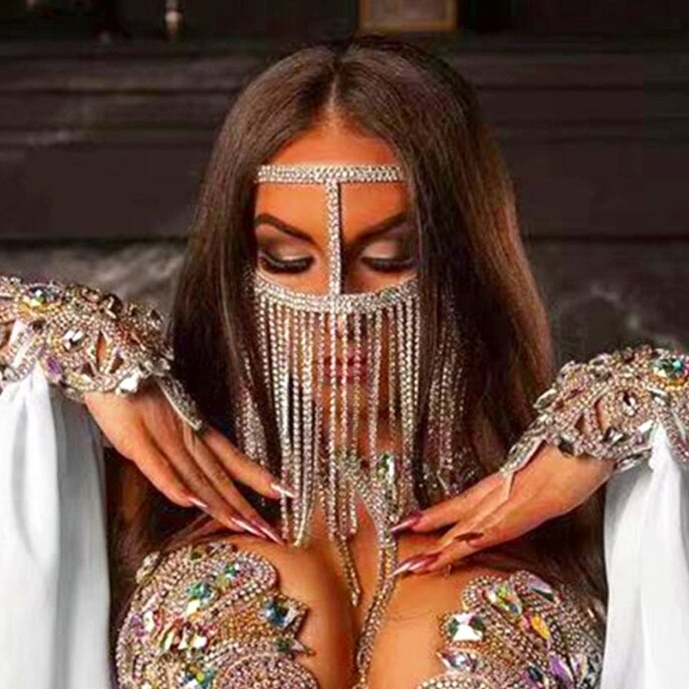 Rhinestone Crystal Tassel Mask Women Face Jewelry Halloween Accessories